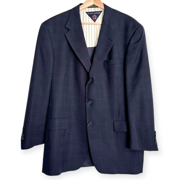 Tommy Hilfiger 100% Wool Navy Blue Windowpane Plaid Three Button Blazer Mens 42R - Picture 1 of 12